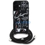 Karl Lagerfeld Crossbody Grained Pattern & Logo iPhone 16 műbőr hátlap tok vállpánttal, MagSafe, fekete