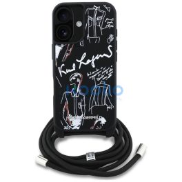   Karl Lagerfeld Crossbody Grained Pattern & Logo iPhone 16 műbőr hátlap tok vállpánttal, MagSafe, fekete