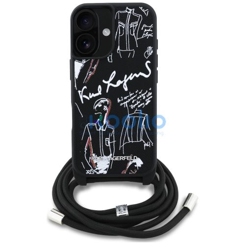 Karl Lagerfeld Crossbody Grained Pattern & Logo iPhone 16 műbőr hátlap tok vállpánttal, MagSafe, fekete