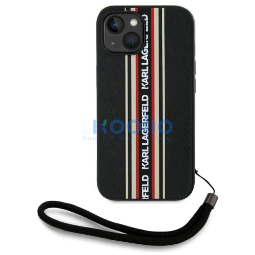 Karl Lagerfeld Saffiano Athleisure Stripes Cord iPhone 15 hátlap tok csuklópánttal, fekete-piros