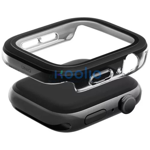 Uniq Voute Apple Watch 11 / Watch 10 46mm műanyag tok, tempered glass kijelzővédő üvegfóliával, fekete