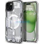Apple iPhone 15 Plus, Műanyag hátlap védőtok + szilikon keret, Magsafe töltővel kompatibilis, iPhone belső minta, Spigen Ultra Hybrid Zero One Mag, átlátszó/fehér