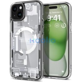   Apple iPhone 15 Plus, Műanyag hátlap védőtok + szilikon keret, Magsafe töltővel kompatibilis, iPhone belső minta, Spigen Ultra Hybrid Zero One Mag, átlátszó/fehér