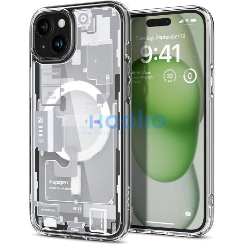 Apple iPhone 15 Plus, Műanyag hátlap védőtok + szilikon keret, Magsafe töltővel kompatibilis, iPhone belső minta, Spigen Ultra Hybrid Zero One Mag, átlátszó/fehér