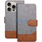 Apple iPhone 16e / 17e, Oldalra nyíló tok, stand, kártyatartóval, farmer minta, Jeans Book, szürke