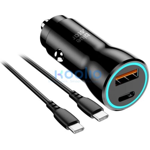 Autós töltő, Szivargyújtós töltő, 30W, USB aljzat, USB Type-C aljzat, USB Type-C - USB Type-C kábellel, gyorstöltés, QC 3.0, PD, AFC, PPS, Blue Star, fekete