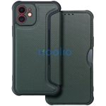 Apple iPhone 17, Oldalra nyíló tok, légpárnás sarok, bőrhatású, karbon minta, Razor Book, zöld