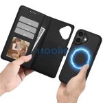 Apple iPhone 17, Oldalra nyíló tok, stand, mágnes csattal, kivehető tokkal, Magsafe töltővel kompatibilis, TP Wallett Magsafe, fekete