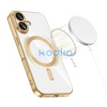 Apple iPhone 17, Műanyag hátlap védőtok + szilikon keret, közepesen ütésálló, Magsafe töltővel kompatibilis, fényes keret, Magflex Magsafe, átlátszó/arany