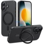 Apple iPhone 17, Műanyag hátlap védőtok + szilikon keret, kitámasztóval, ujjtámasz, Magsafe töltővel kompatibilis, Magring Magsafe, áttetsző/fekete