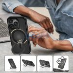 Apple iPhone 17, Műanyag hátlap védőtok + szilikon keret, kitámasztóval, ujjtámasz, Magsafe töltővel kompatibilis, Magring Magsafe, áttetsző/fekete