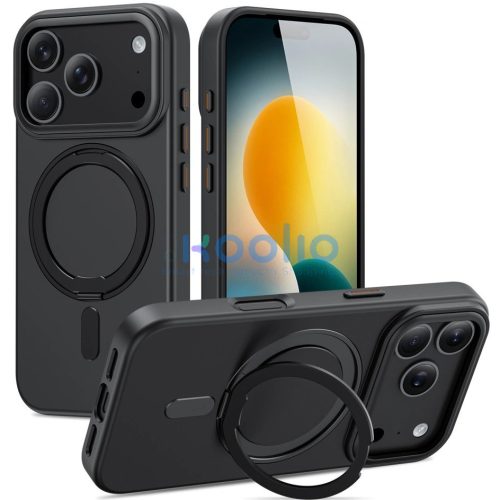 Apple iPhone 17 Pro Max, Műanyag hátlap védőtok + szilikon keret, kitámasztóval, ujjtámasz, Magsafe töltővel kompatibilis, Magring Magsafe, áttetsző/fekete