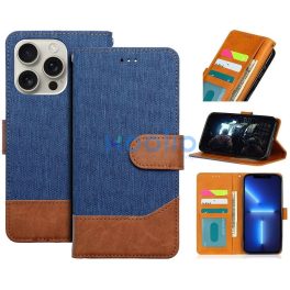   Samsung Galaxy A17 4G / A17 5G SM-A175F / A176B, Oldalra nyíló tok, stand, kártyatartóval, farmer minta, Jeans Book, kék