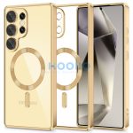 Samsung Galaxy S25 Ultra SM-S938, Műanyag hátlap védőtok + szilikon keret, közepesen ütésálló, Magsafe töltővel kompatibilis, fényes keret, Magflex Magsafe, átlátszó/arany