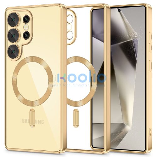 Samsung Galaxy S25 Ultra SM-S938, Műanyag hátlap védőtok + szilikon keret, közepesen ütésálló, Magsafe töltővel kompatibilis, fényes keret, Magflex Magsafe, átlátszó/arany