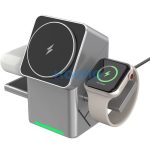 Univerzális vezeték nélküli töltő állomás 3in1, Qi Wireless, 15W, asztali tartó, mágneses, forgatható, Magsafe kompatibilis eszközökhöz, Geometric Charger, ezüst