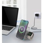 Univerzális vezeték nélküli töltő állomás 3in1, Qi Wireless, 15W, asztali tartó, mágneses, forgatható, Magsafe kompatibilis eszközökhöz, Geometric Charger, ezüst