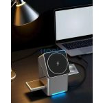 Univerzális vezeték nélküli töltő állomás 3in1, Qi Wireless, 15W, asztali tartó, mágneses, forgatható, Magsafe kompatibilis eszközökhöz, Geometric Charger, ezüst