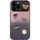 Apple iPhone 15, Szilikon tok, színátmenetes, 3D maci, kávé, smile minta, Teddy Bear Coffee Case, rózsaszín/fekete