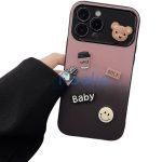 Apple iPhone 15, Szilikon tok, színátmenetes, 3D maci, kávé, smile minta, Teddy Bear Coffee Case, rózsaszín/fekete