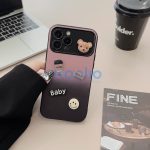 Apple iPhone 15, Szilikon tok, színátmenetes, 3D maci, kávé, smile minta, Teddy Bear Coffee Case, rózsaszín/fekete