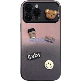   Apple iPhone 16, Szilikon tok, színátmenetes, 3D maci, kávé, smile minta, Teddy Bear Coffee Case, rózsaszín/fekete