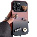 Apple iPhone 16, Szilikon tok, színátmenetes, 3D maci, kávé, smile minta, Teddy Bear Coffee Case, rózsaszín/fekete