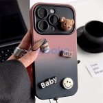 Apple iPhone 16 Pro, Szilikon tok, színátmenetes, 3D maci, kávé, smile minta, Teddy Bear Coffee Case, rózsaszín/fekete