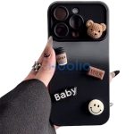 Apple iPhone 16, Szilikon tok, színátmenetes, 3D maci, kávé, smile minta, Teddy Bear Coffee Case, szürke/fekete