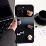 Apple iPhone 16, Szilikon tok, színátmenetes, 3D maci, kávé, smile minta, Teddy Bear Coffee Case, szürke/fekete