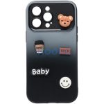 Apple iPhone 16 Pro, Szilikon tok, színátmenetes, 3D maci, kávé, smile minta, Teddy Bear Coffee Case, szürke/fekete