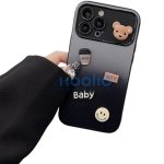 Apple iPhone 16 Pro, Szilikon tok, színátmenetes, 3D maci, kávé, smile minta, Teddy Bear Coffee Case, szürke/fekete