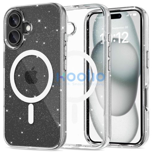 Apple iPhone 16, Műanyag hátlap védőtok + szilikon keret, Magsafe töltővel kompatibilis, csillogó hátlap, FlexAir Hybrid Magsafe Glitter, átlátszó