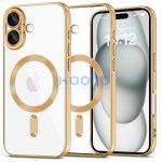 Apple iPhone 16, Műanyag hátlap védőtok + szilikon keret, közepesen ütésálló, Magsafe töltővel kompatibilis, fényes keret, Magflex Magsafe, átlátszó/arany