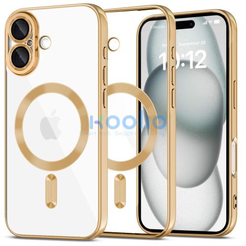 Apple iPhone 16, Műanyag hátlap védőtok + szilikon keret, közepesen ütésálló, Magsafe töltővel kompatibilis, fényes keret, Magflex Magsafe, átlátszó/arany