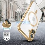 Apple iPhone 16, Műanyag hátlap védőtok + szilikon keret, közepesen ütésálló, Magsafe töltővel kompatibilis, fényes keret, Magflex Magsafe, átlátszó/arany