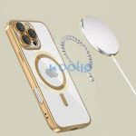 Apple iPhone 16 Pro, Műanyag hátlap védőtok + szilikon keret, közepesen ütésálló, Magsafe töltővel kompatibilis, fényes keret, Magflex Magsafe, átlátszó/arany