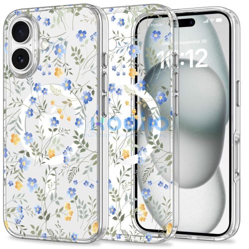 Apple iPhone 16, Műanyag hátlap védőtok + szilikon keret, Magsafe töltővel kompatibilis, tavaszi virág minta, Magmood Magsafe Spring Flowers, mintás/átlátszó