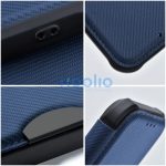 Apple iPhone 16, Oldalra nyíló tok, légpárnás sarok, bőrhatású, karbon minta, Razor Book, kék