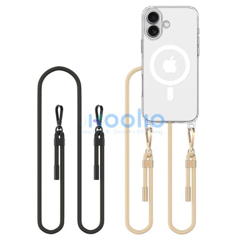 Apple iPhone 16, Szilikon védőkeret + műanyag hátlap, nyakbaakasztó, Magsafe töltővel kompatibilis, FlexAir Chain Magsafe, átlátszó (fekete, beige)