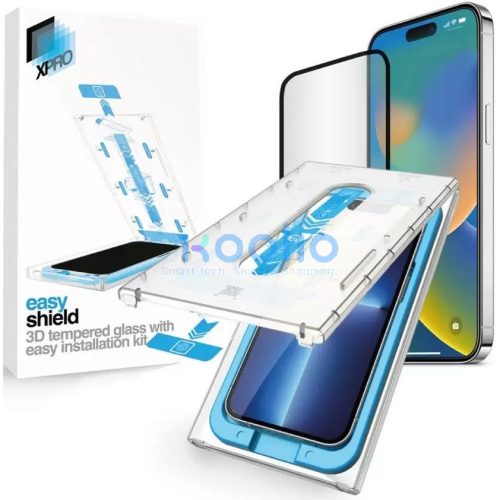Apple iPhone 13 / 13 Pro / 14 / 16e / 17e, Kijelzővédő fólia, ütésálló fólia (az íves részre is!), Tempered Glass (edzett üveg), felhelyező készlettel, Xprotector Eady Shield 3D, fekete
