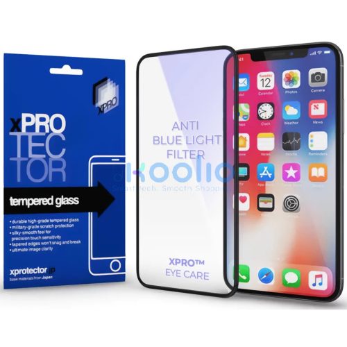 Apple iPhone 16 Pro Max / 17 Pro Max, Kijelzővédő, ütésálló fólia (az íves részre is!), Tempered Glass (edzett üveg), kékfény elleni védelem. Xprotector Anti Blue Light, fekete